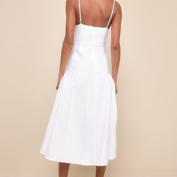 Lulu's Serene Charm White Textured Embroidered Flower Drop Waist Midi Dress - Picture 2 of 10